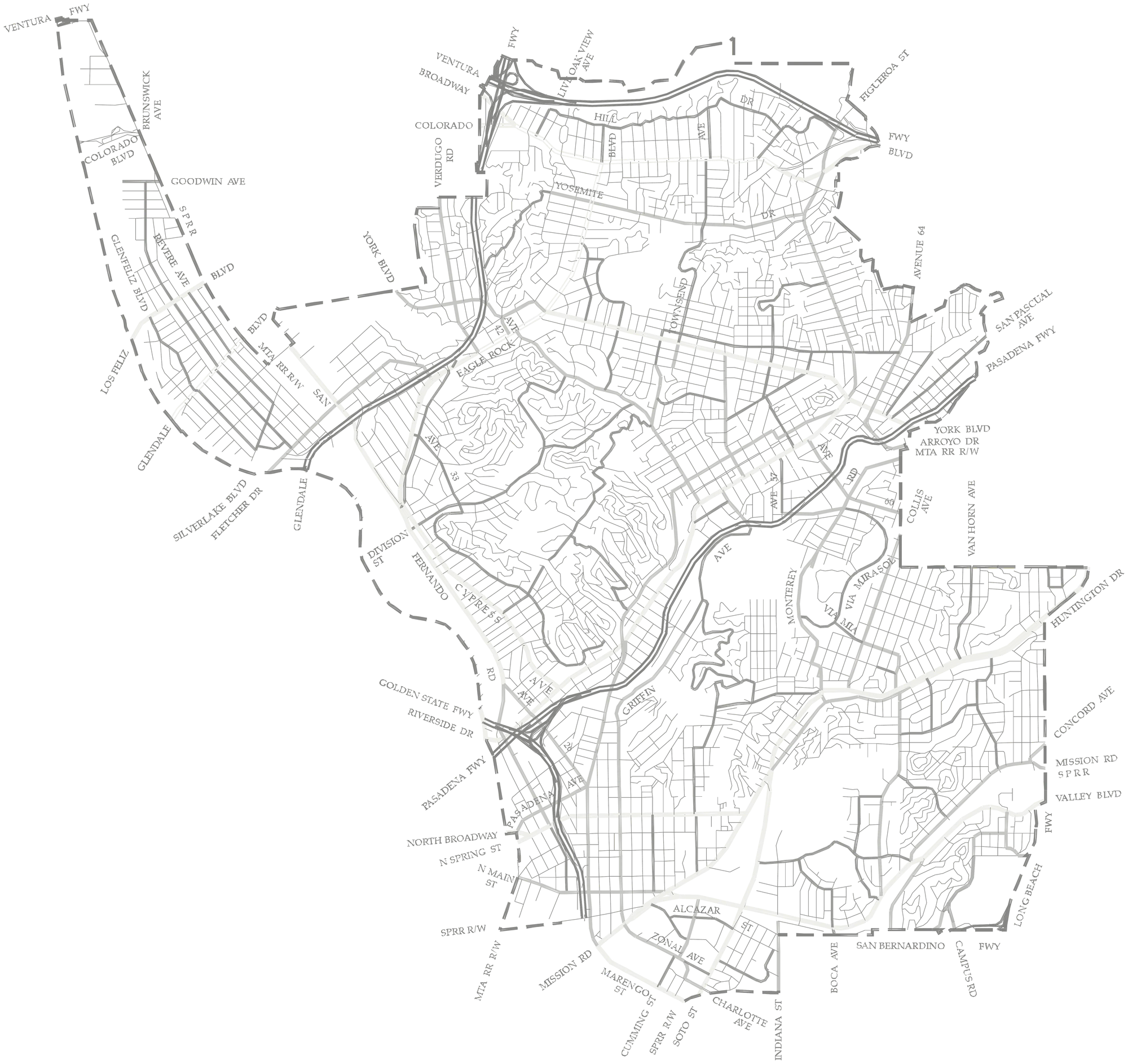 Mapa de las calles y los límites de los vecindarios del noreste de Los Ángeles