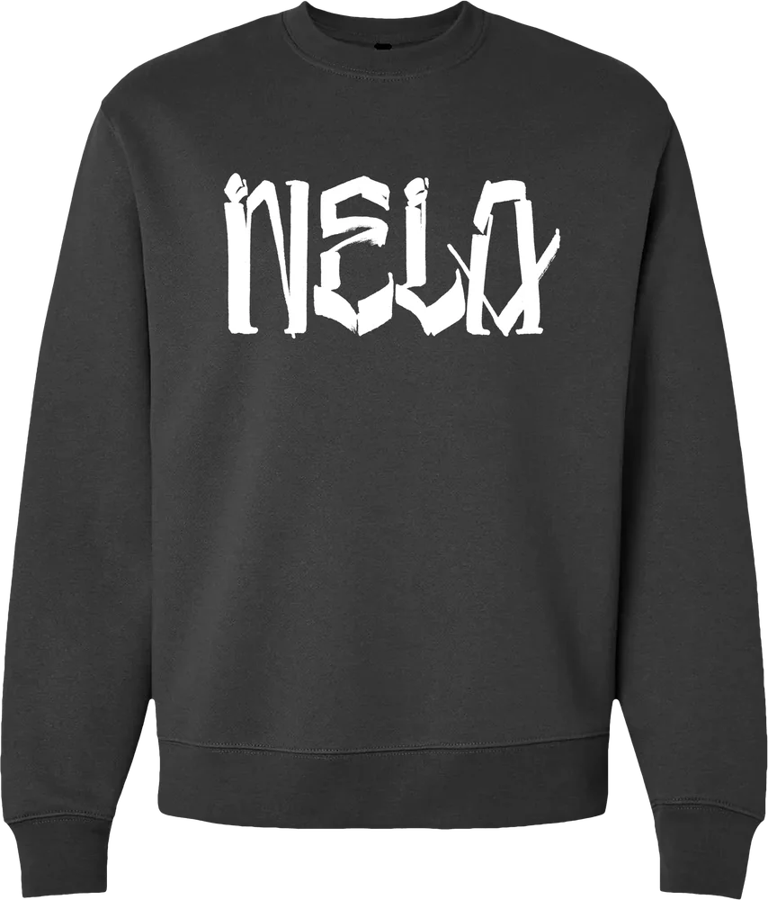 Asphalt gray "NELA" by Chaz Bojórquez heavyweight crewneck sweatshirt with white graffiti lettering across the chest, by N.E.L.A. Clothing Company