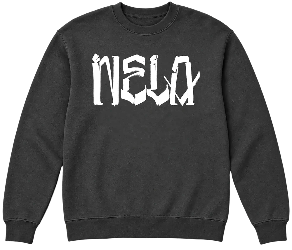 Asphalt gray "NELA" by Chaz Bojórquez heavyweight crewneck sweatshirt with white graffiti lettering across the chest, by N.E.L.A. Clothing Company