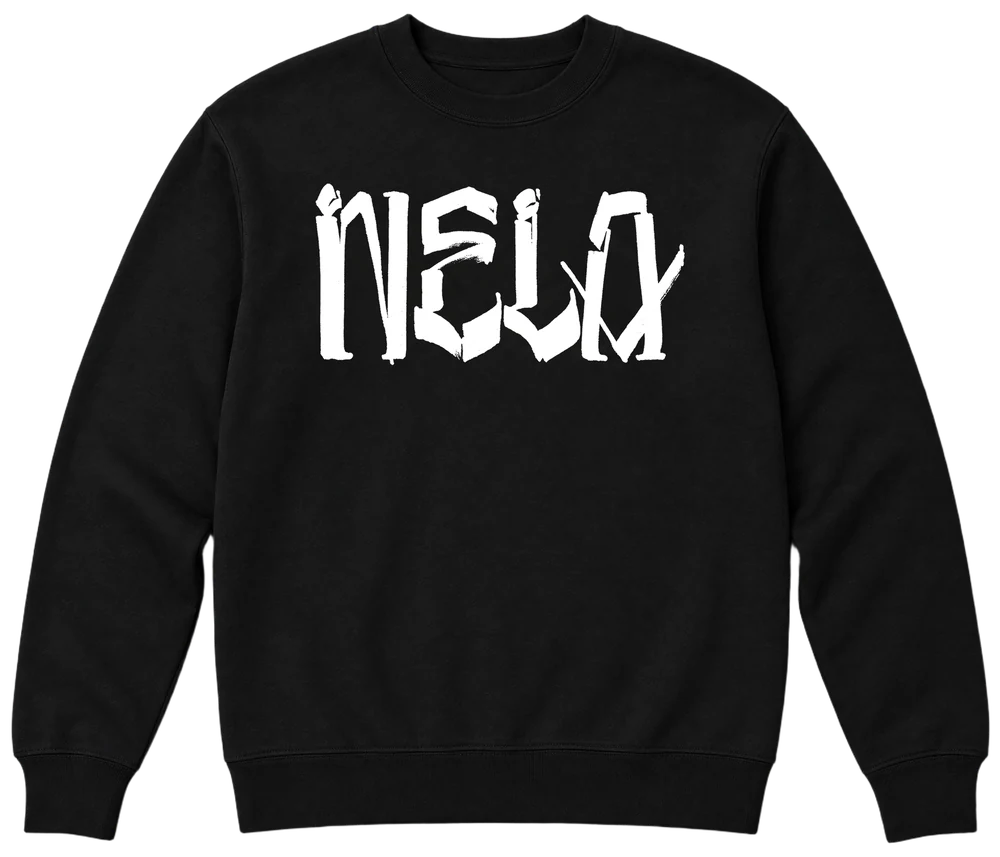 Black "NELA" by Chaz Bojórquez heavyweight crewneck sweatshirt with white graffiti lettering across the chest, by N.E.L.A. Clothing Company