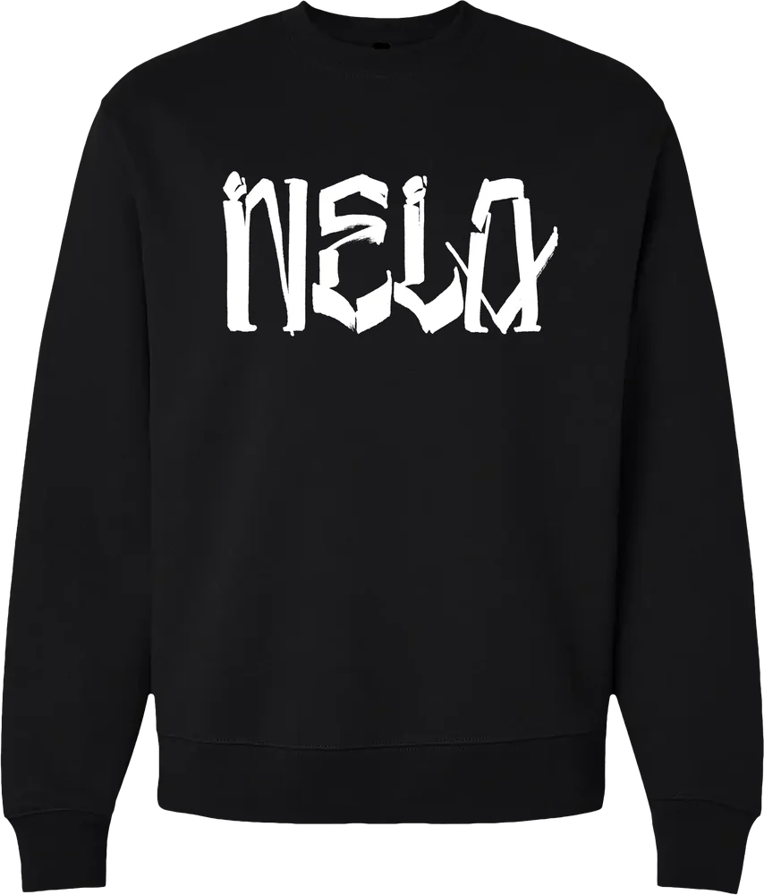 Black "NELA" by Chaz Bojórquez heavyweight crewneck sweatshirt with white graffiti lettering across the chest, by N.E.L.A. Clothing Company