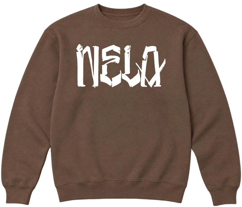 Vintage brown "NELA" by Chaz Bojórquez heavyweight crewneck sweatshirt with white graffiti lettering across the chest, by N.E.L.A. Clothing Company
