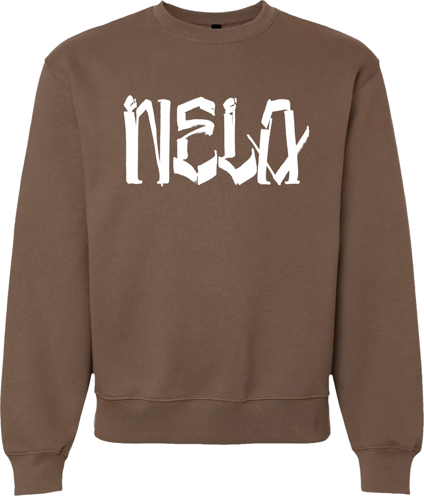 Vintage brown "NELA" by Chaz Bojórquez heavyweight crewneck sweatshirt with white graffiti lettering across the chest, by N.E.L.A. Clothing Company