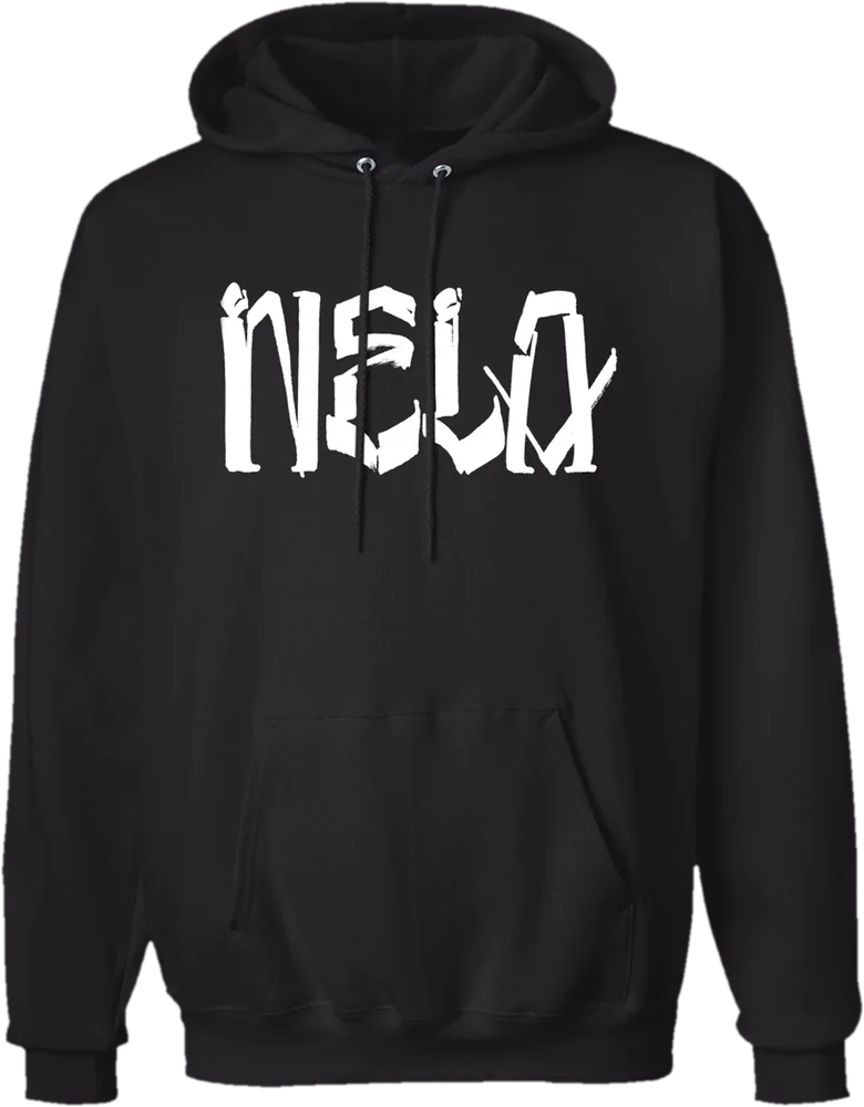 Black "NELA" by Chaz Bojórquez hooded sweatshirt with white graffiti lettering across the chest, by N.E.L.A. Clothing Company