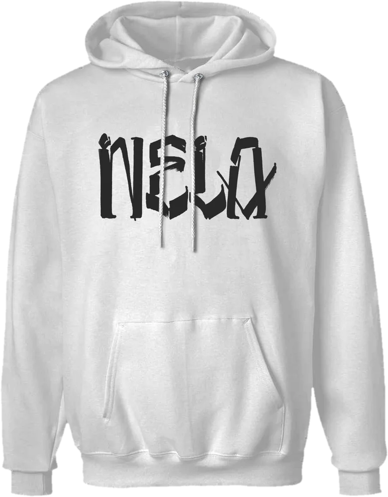 White "NELA" by Chaz Bojórquez hooded sweatshirt with black graffiti lettering across the chest, by N.E.L.A. Clothing Company