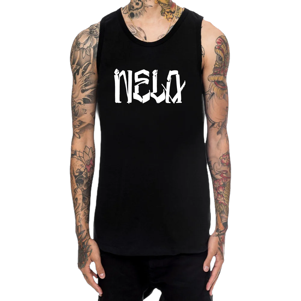 Man wearing the black "NELA" by Chaz Bojórquez muscle tank with white graffiti lettering across the chest, by N.E.L.A. Clothing Company