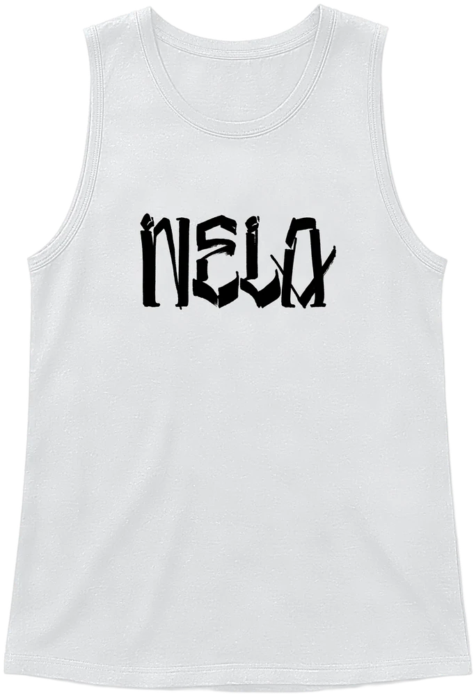 Tank top "NELA" by Chaz Bojórquez blanco con letras de graffiti negras en el pecho, de N.E.L.A. Clothing Company