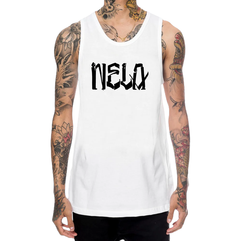 Man wearing the white "NELA" by Chaz Bojórquez muscle tank with black graffiti lettering across the chest, by N.E.L.A. Clothing Company