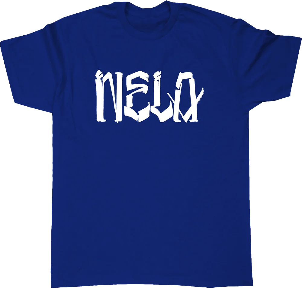 Royal blue "NELA" by Chaz Bojórquez tee with white graffiti lettering across the chest, by N.E.L.A. Clothing Company