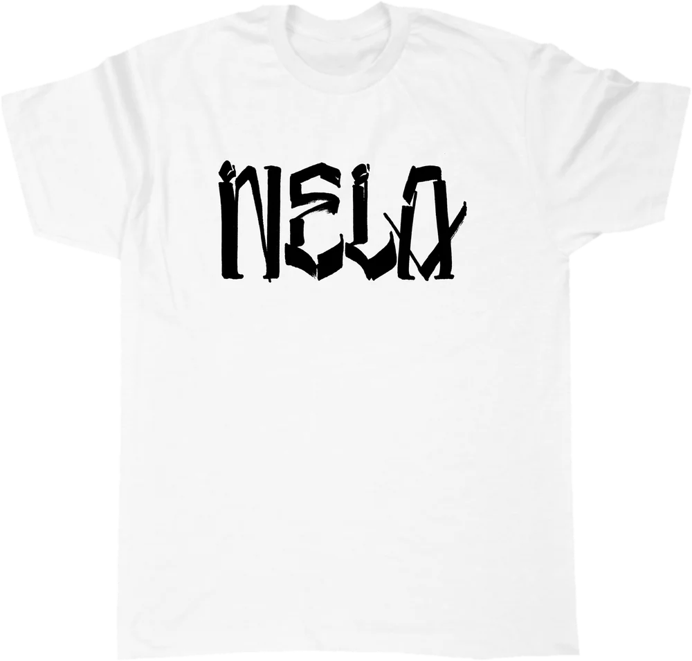 White "NELA" by Chaz Bojórquez tee with black graffiti lettering across the chest, by N.E.L.A. Clothing Company
