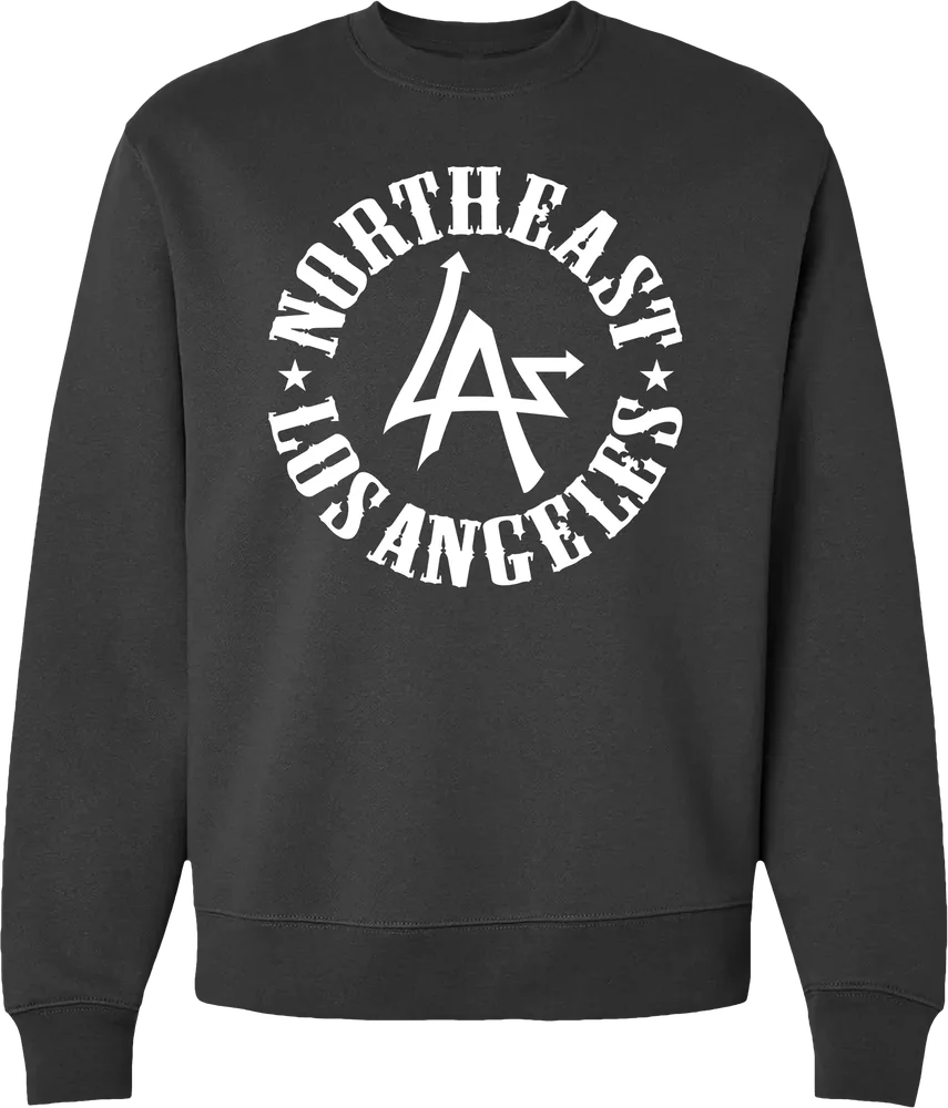Asphalt gray N.E.L.A. "Original" heavyweight crewneck sweatshirt with the white Northeast Los Angeles circle logo on the chest, by N.E.L.A. Clothing Company