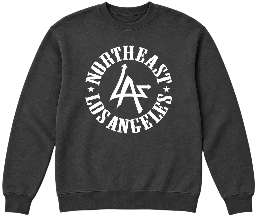 Asphalt gray N.E.L.A. "Original" heavyweight crewneck sweatshirt with the white Northeast Los Angeles circle logo on the chest, by N.E.L.A. Clothing Company