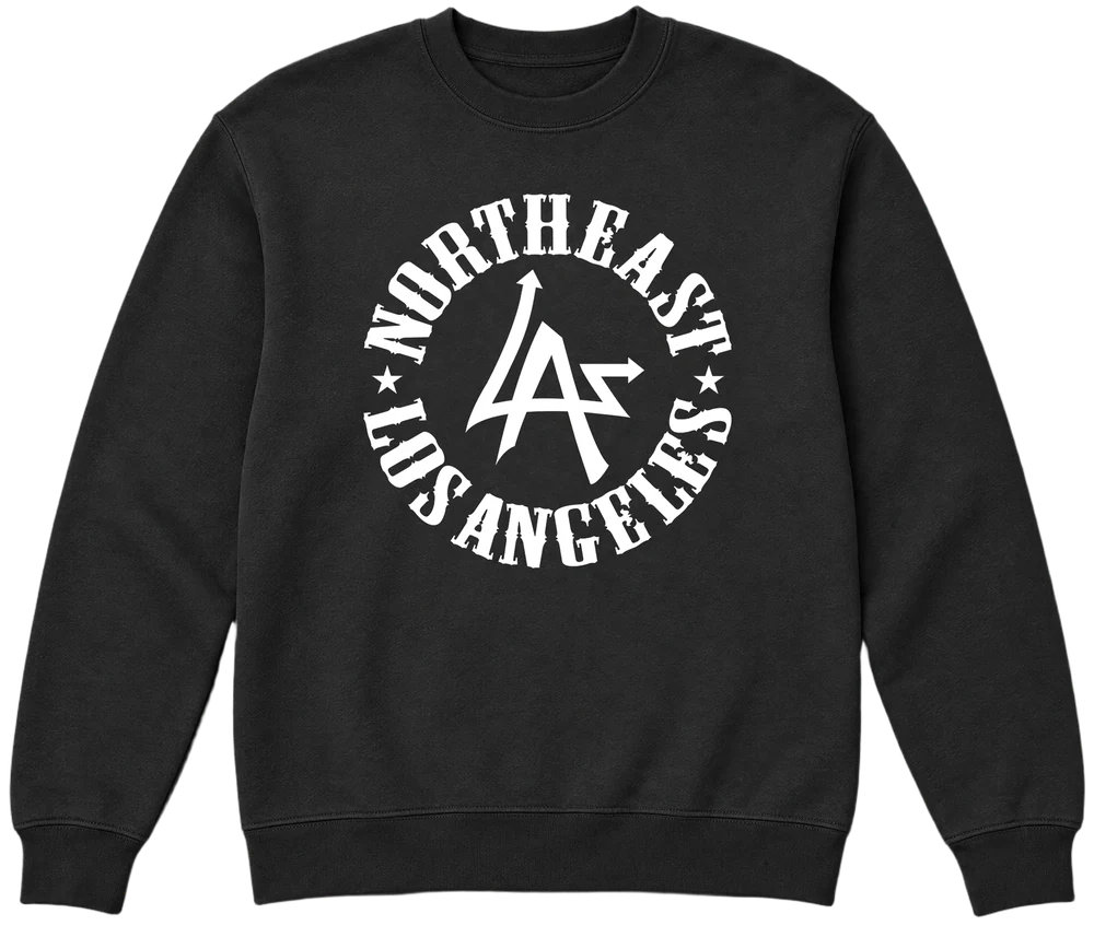 Sudadera gruesa de cuello redondo N.E.L.A. "Original" gris asfalto con el logo del círculo de Northeast Los Angeles en blanco en el pecho, de N.E.L.A. Clothing Company