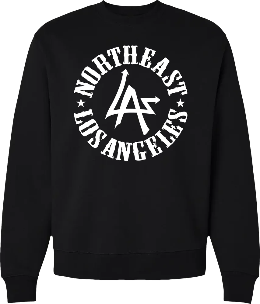 Black N.E.L.A. "Original" heavyweight crewneck sweatshirt with the white Northeast Los Angeles circle logo on the chest, by N.E.L.A. Clothing Company