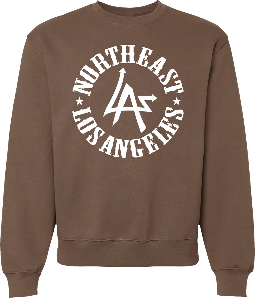 Vintage brown N.E.L.A. "Original" heavyweight crewneck sweatshirt with the white Northeast Los Angeles circle logo on the chest, by N.E.L.A. Clothing Company