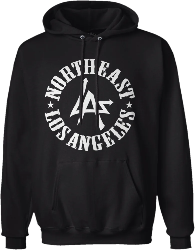 Black N.E.L.A. "Original" hooded sweatshirt with the white Northeast Los Angeles circle logo on the chest, by N.E.L.A. Clothing Company
