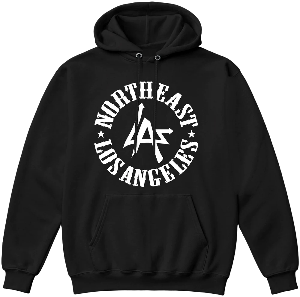 Hoodie N.E.L.A. "Original" negro con el logo del círculo de Northeast Los Angeles en blanco en el pecho, de N.E.L.A. Clothing Company