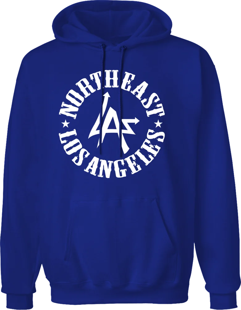 Deep royal blue N.E.L.A. "Original" hooded sweatshirt with the white Northeast Los Angeles circle logo on the chest, by N.E.L.A. Clothing Company