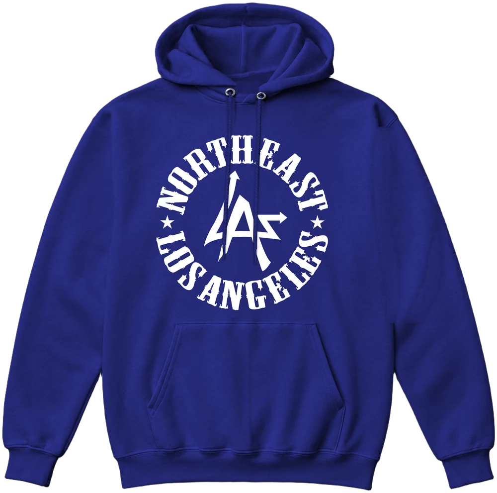 Hoodie N.E.L.A. "Original" azul rey oscuro con el logo del círculo de Northeast Los Angeles en blanco en el pecho, de N.E.L.A. Clothing Company