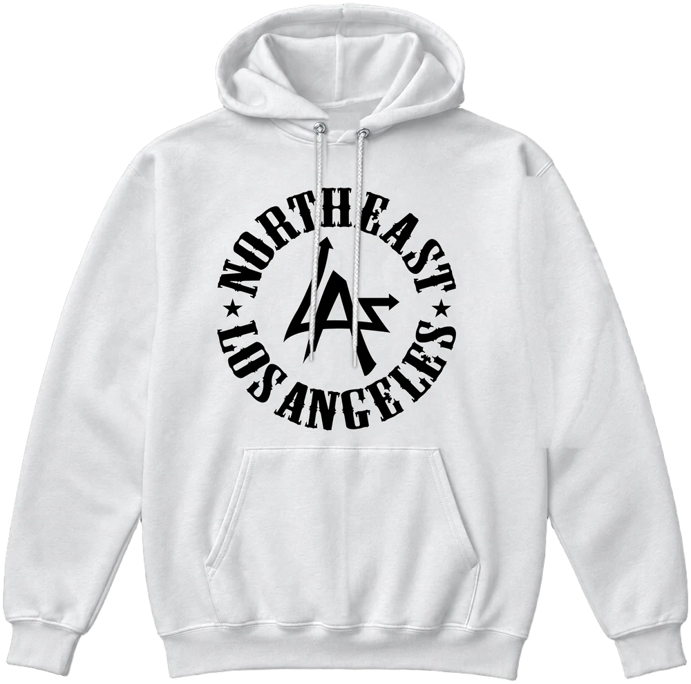 Hoodie N.E.L.A. "Original" blanco con el logo del círculo de Northeast Los Angeles en negro en el pecho, de N.E.L.A. Clothing Company
