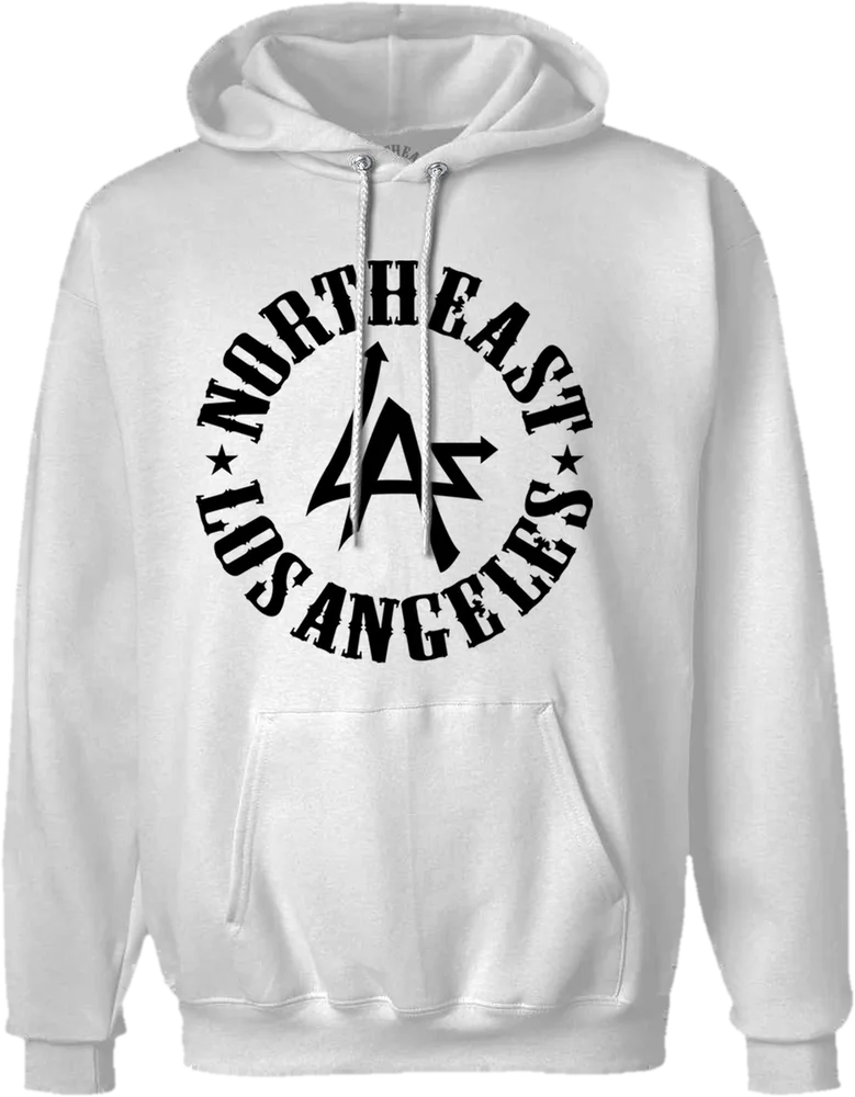 White N.E.L.A. "Original" hooded sweatshirt with the black Northeast Los Angeles circle logo on the chest, by N.E.L.A. Clothing Company
