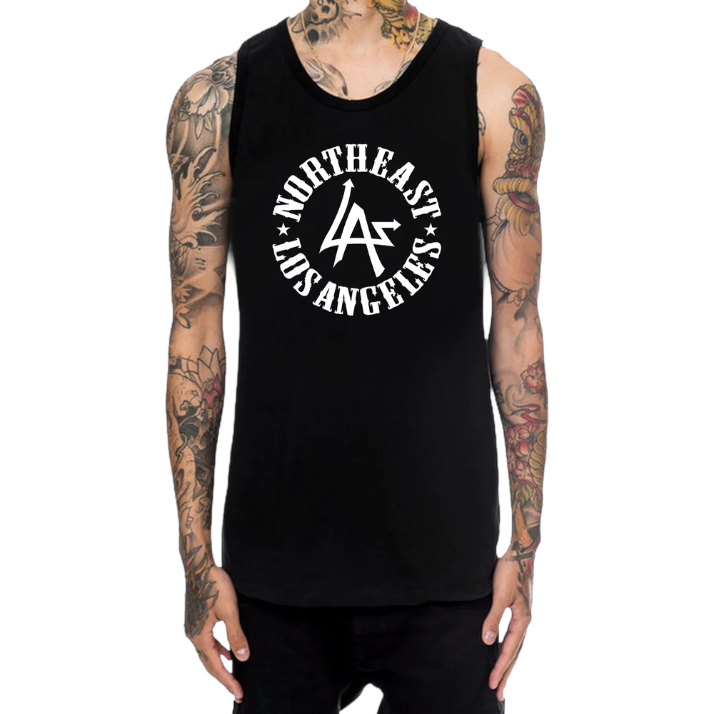 Man wearing the N.E.L.A. "Original" black muscle tank with the white Northeast Los Angeles circle logo on the chest, by N.E.L.A. Clothing Company