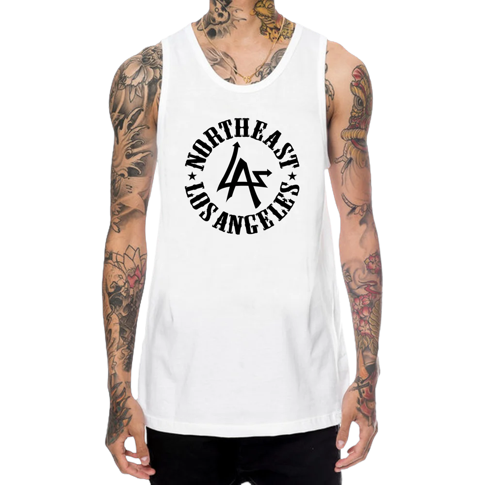 Man wearing the N.E.L.A. "Original" white muscle tank with the black Northeast Los Angeles circle logo on the chest, by N.E.L.A. Clothing Company