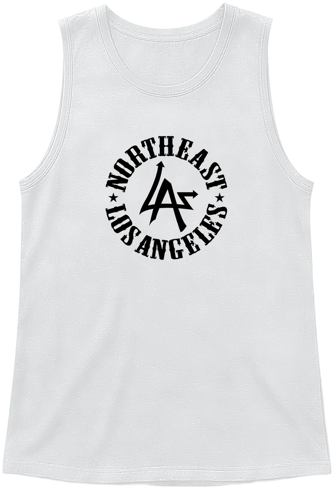 Tank top N.E.L.A. "Original" blanco con el logo del círculo de Northeast Los Angeles en negro en el pecho, de N.E.L.A. Clothing Company