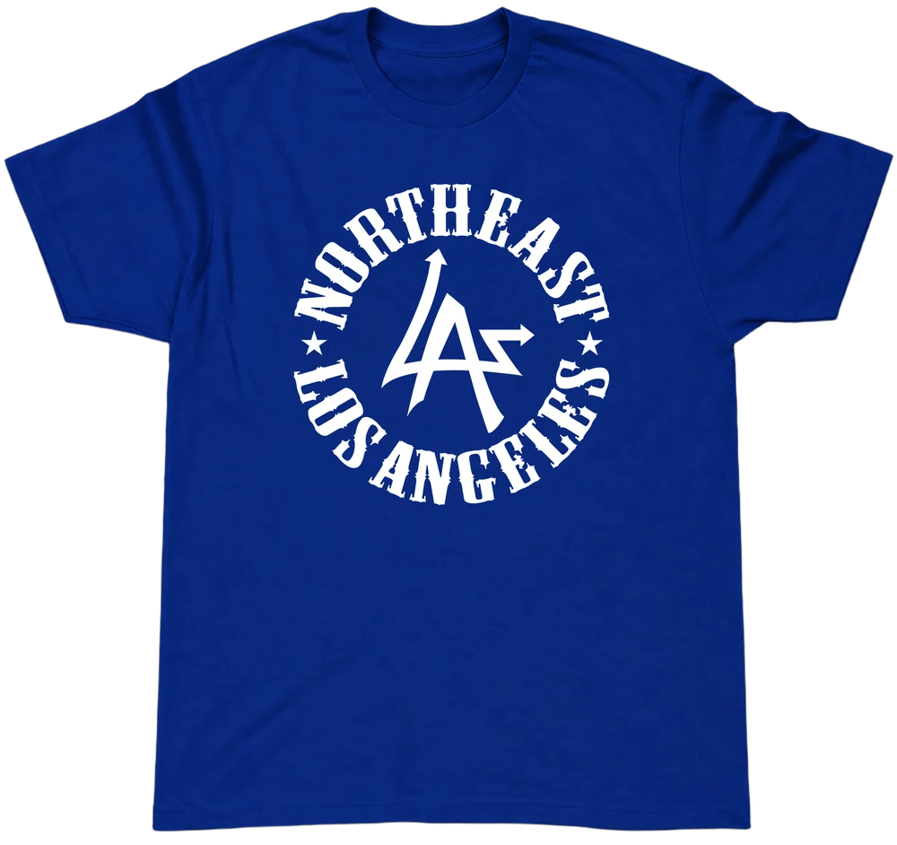 Playera N.E.L.A. "Original" azul rey con el logo del círculo de Northeast Los Angeles en blanco en el pecho, de N.E.L.A. Clothing Company