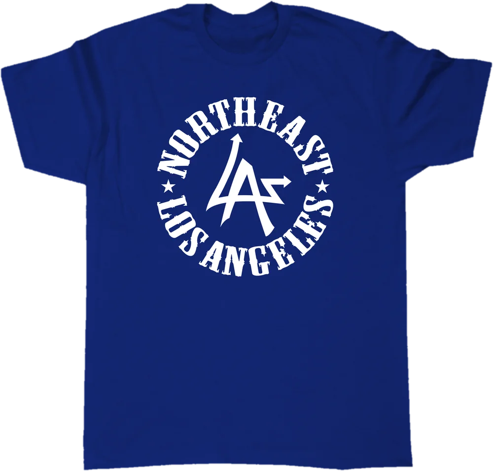 Royal blue N.E.L.A. "Original" tee with the white Northeast Los Angeles circle logo across the chest, by N.E.L.A. Clothing Company