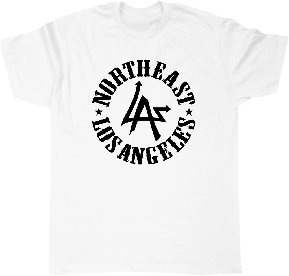 White N.E.L.A. "Original" tee with the black Northeast Los Angeles circle logo across the chest, by N.E.L.A. Clothing Company
