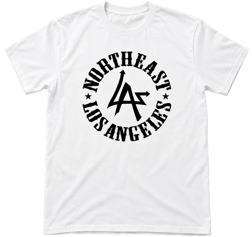 Playera N.E.L.A. "Original" blanca con el logo del círculo de Northeast Los Angeles en negro en el pecho, de N.E.L.A. Clothing Company